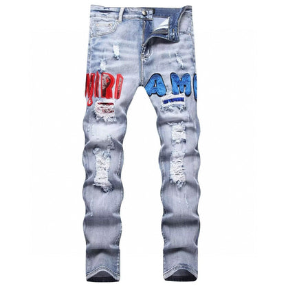 American Style Trendy Brand Jeans for Men with Patch Embroidery High Street Basic Ripped Skinny Fashion Casual Stretch Straight Long Pants