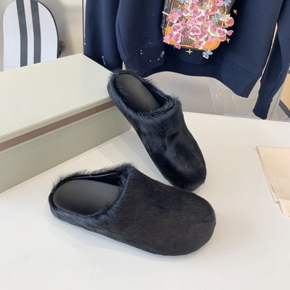 2024 New Couple Candy Color Internet Celebrity Same Style Fashion Closed-Toe Fur Slippers Women Flat Casual Horse Hair Half Slippers Men Shoes