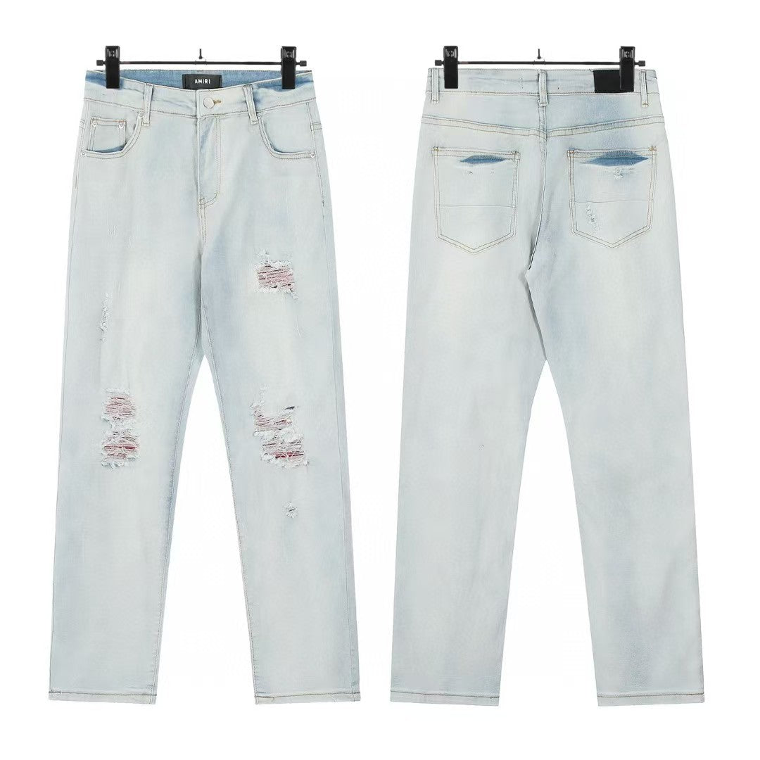Cross-Border Foreign Trade AM American High Street Ripped Patch Letter Embroidery Washed Slim Straight Skinny Jeans Long Pants