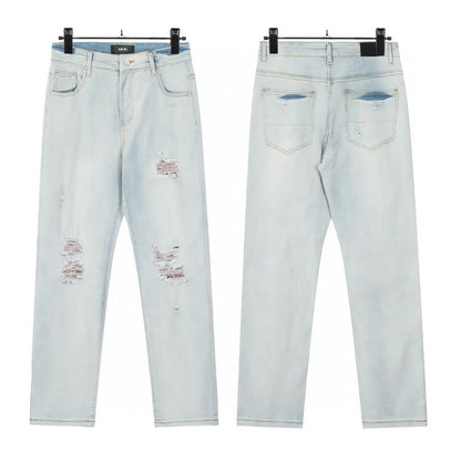 Cross-Border Foreign Trade AM American High Street Ripped Patch Letter Embroidery Washed Slim Straight Skinny Jeans Long Pants