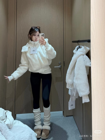 GMa-l-o Lamb Wool Detachable Hooded Short Women's Autumn Winter Casual Warm Zipper Jacket