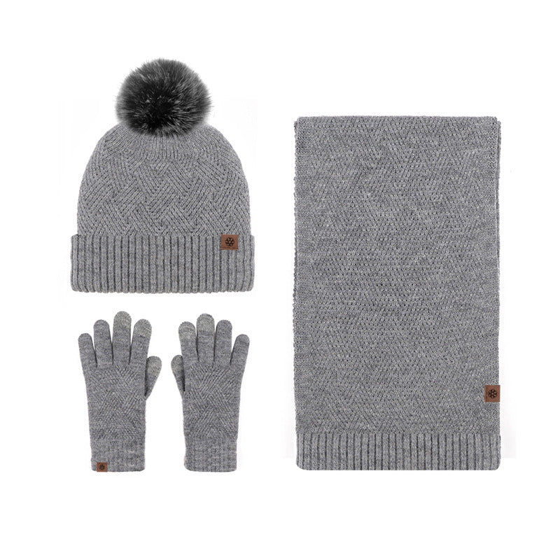 New Solid Color Wool Warm Hat Scarf Gloves Three-Piece Set Cold-Proof Fur Ball Fleece-lined Knitting Suit