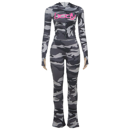 2025 Autumn Women's New Fashion Hooded Camouflage Print Long Sleeve Sports Trendy Slim Fit Long Pants Two-Piece Set