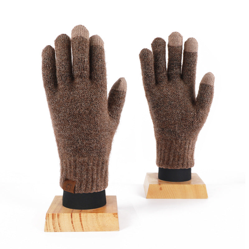 2024 Winter Popular Japanese Wool Knitted Plaid Gloves Fleece-lined Thickened Cycling Five-Finger Touch Screen Warm Gloves