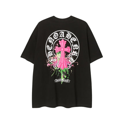 2025 New CHRM Heart Cross Sanskrit Patch Print Embroidery Loose Short Sleeve for Men and Women