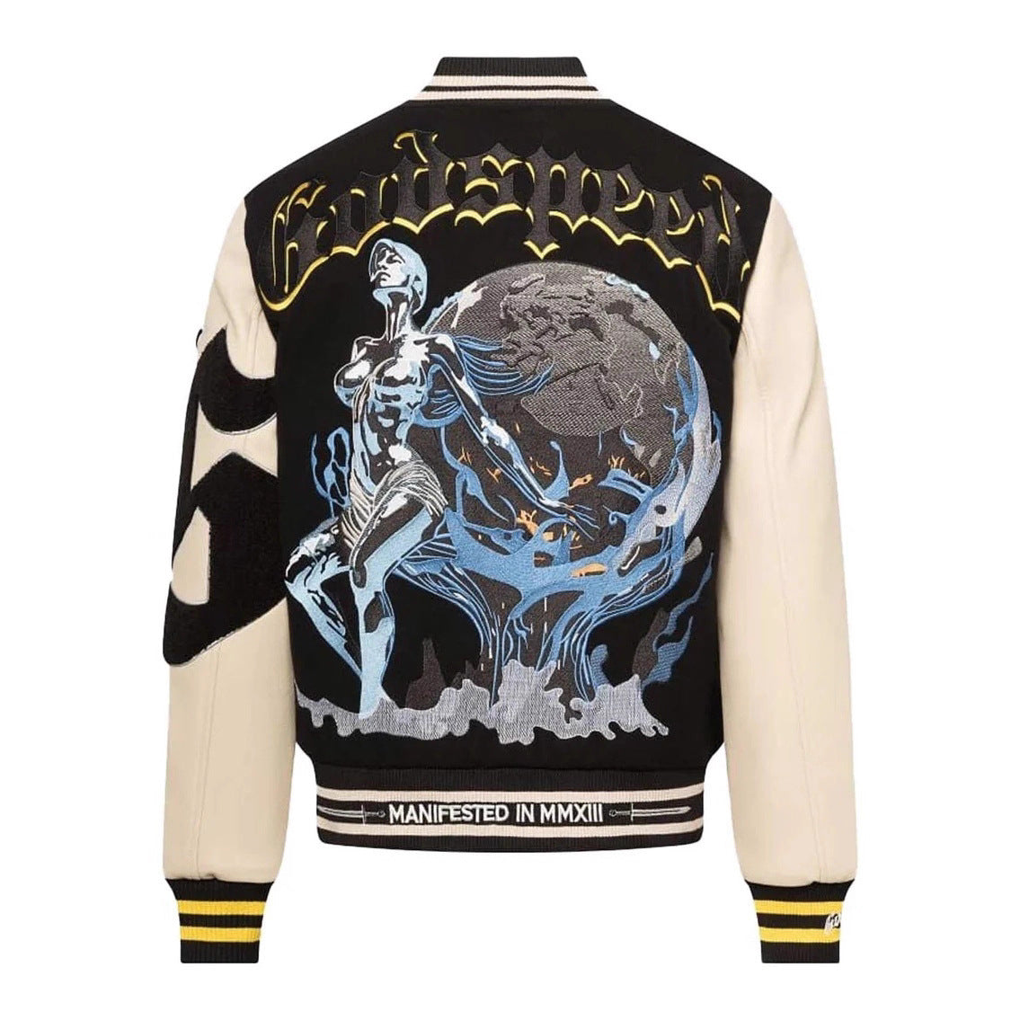 GODSPEED Heavy Embroidery PU Leather Patchwork Jacket Coat Unisex Woolen Padded Baseball Jacket