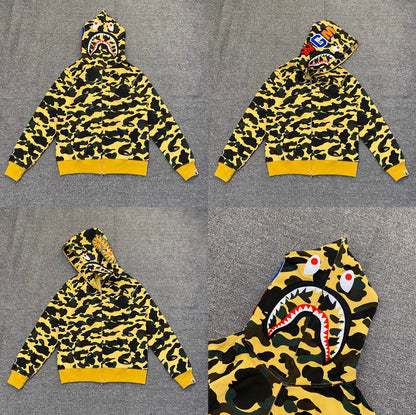 Fashion Brand Shark Camouflage Zipper Sweater Men and Women Couple Loose Cotton Fleece-lined Hooded Cardigan Coat Men