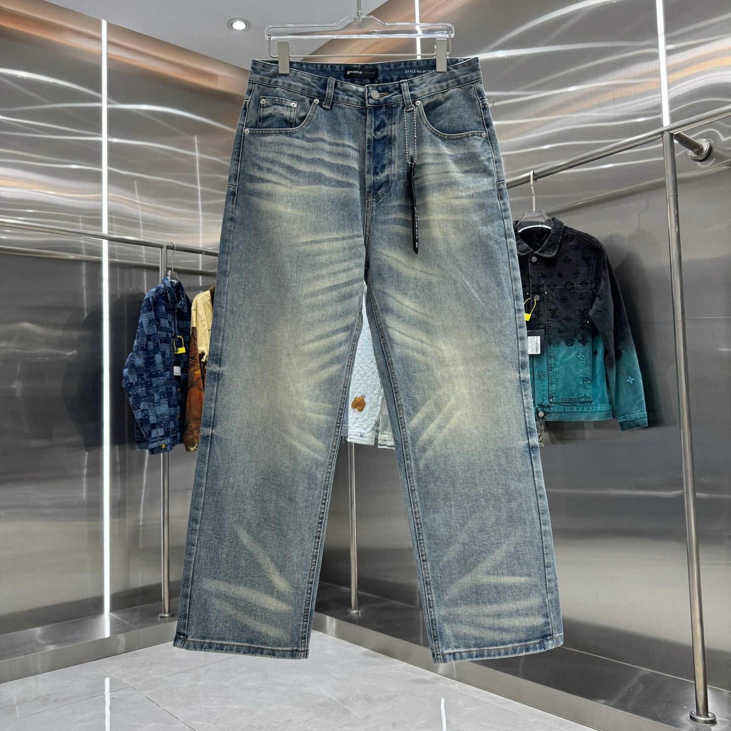 gmabcdPurple～Brand washed process workwear street fashion loose straight-leg jeans Color: Blue