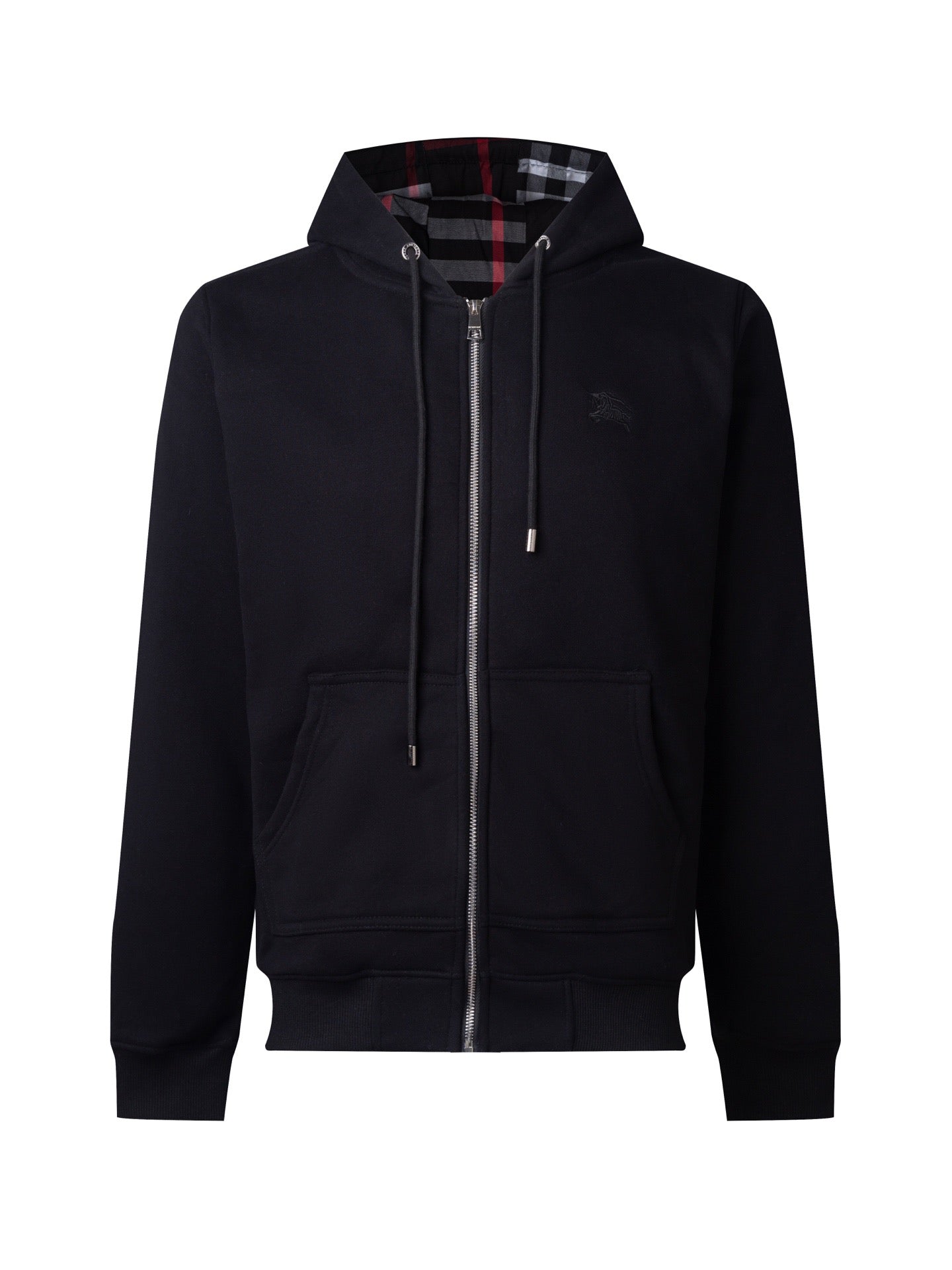 GMAbcd-BUR Classic Style - War Horse Embroidery Checkered Patchwork Fleece Zipper Cardigan Coat - Unisex Style