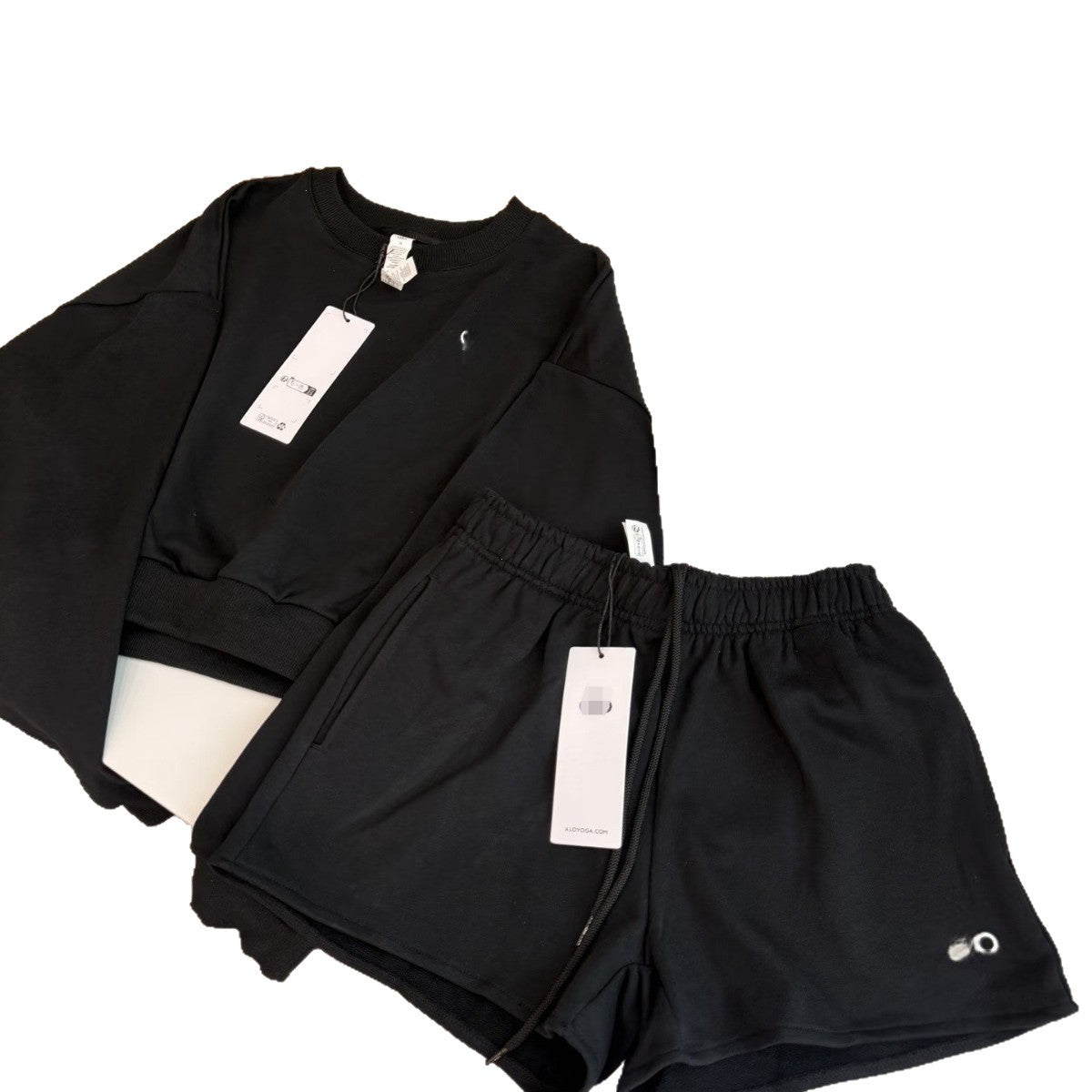 GMABCD women's cotton-rich terry Black two-piece outfit flat lay