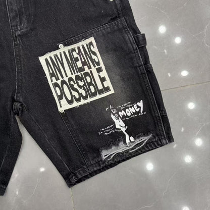Unisex patchwork distressed denim Bermuda shorts detail 4