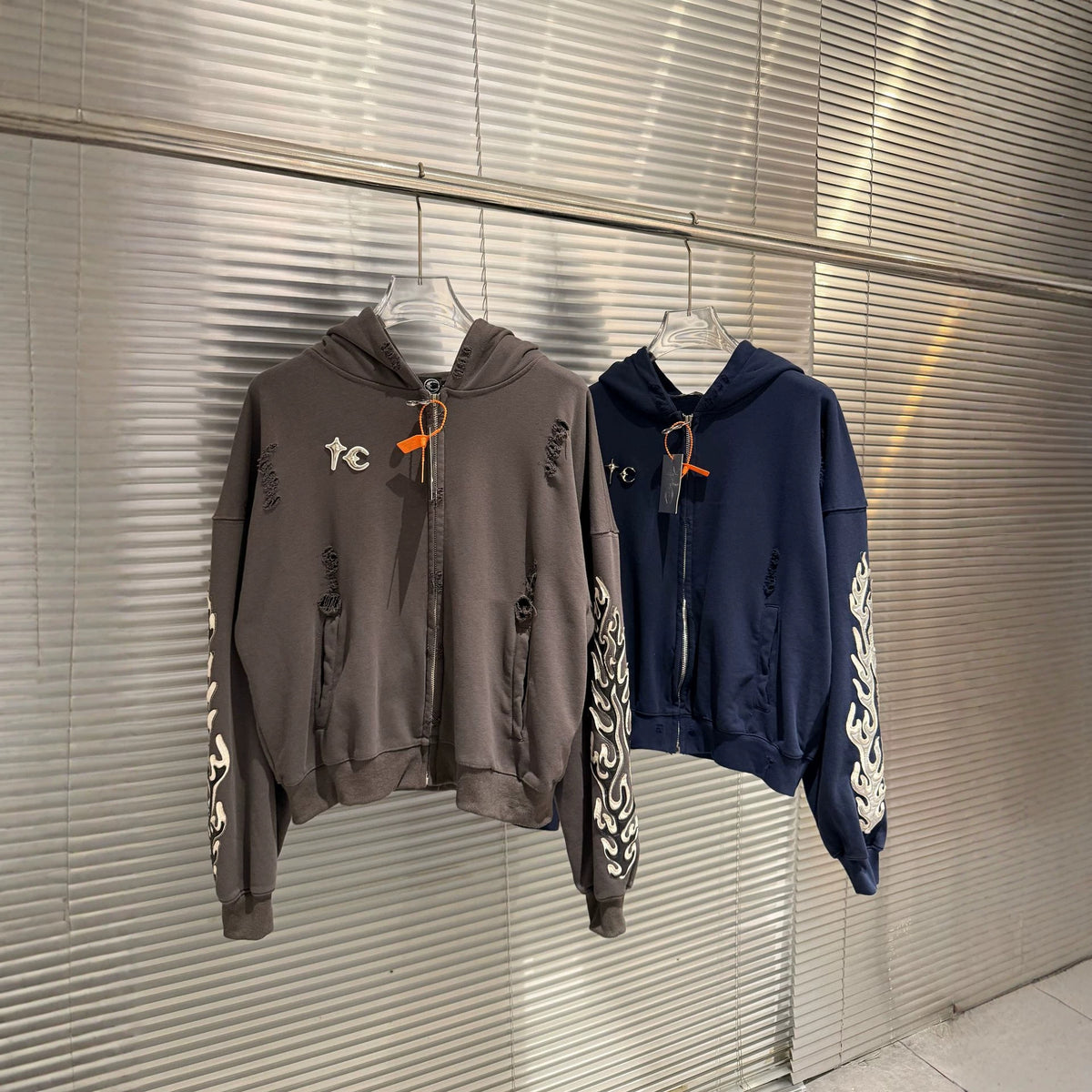 GMABCD Unisex Distressed Embroidered Zip-Up Hoodie – Relaxed Streetwear Jacket