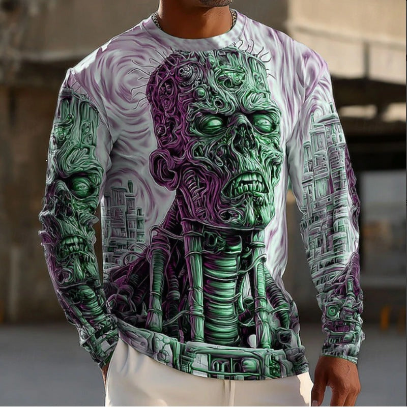 GMABCD Men's Skull Graphic Long-Sleeve T-Shirt – Halloween Print Crewneck