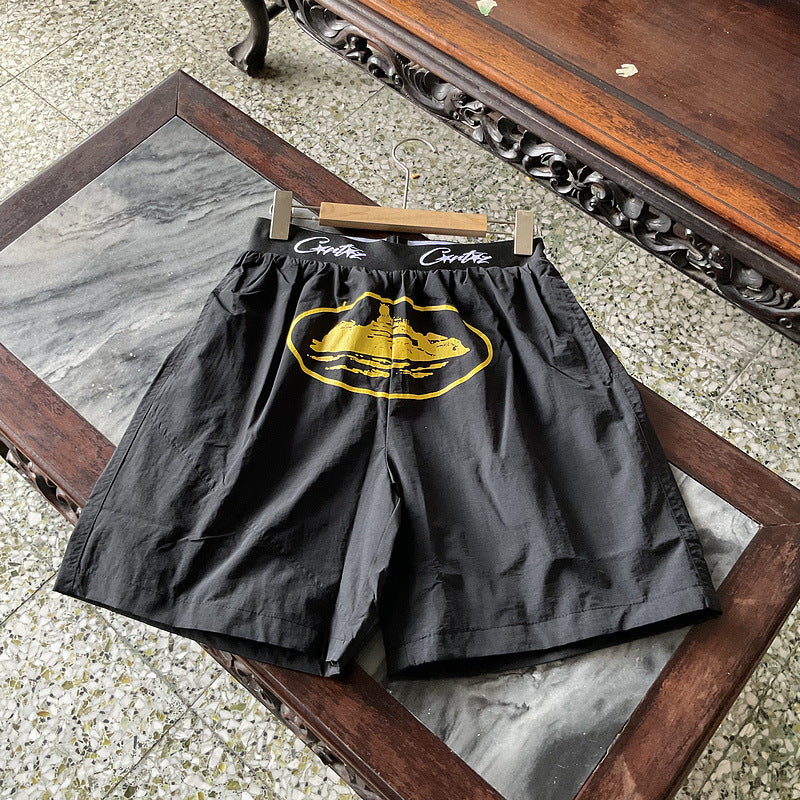 HD_VARIANT_IMAGE::8916 Black Yellow | Alcatraz graphic cotton Bermuda shorts