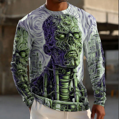 GMABCD Men's Skull Graphic Long-Sleeve T-Shirt – Halloween Print Crewneck