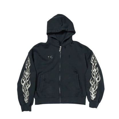 GMABCD Unisex Distressed Embroidered Zip-Up Hoodie – Relaxed Streetwear Jacket
