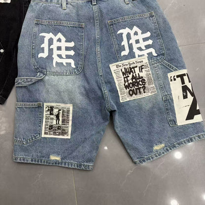 VARIANT_IMAGE::EM163 Blue | Patchwork distressed denim Bermuda shorts