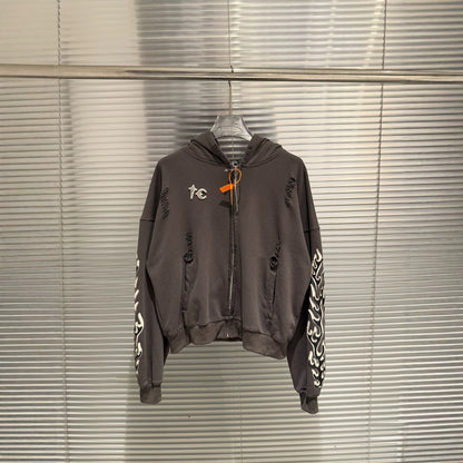 GMABCD Unisex Distressed Embroidered Zip-Up Hoodie – Relaxed Streetwear Jacket