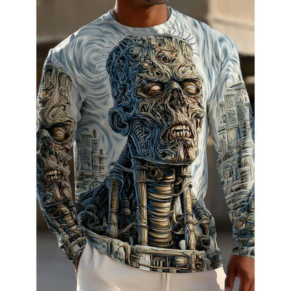 GMABCD Men's Skull Graphic Long-Sleeve T-Shirt – Halloween Print Crewneck