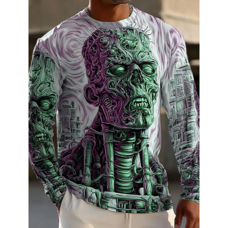 GMABCD Men's Skull Graphic Long-Sleeve T-Shirt – Halloween Print Crewneck