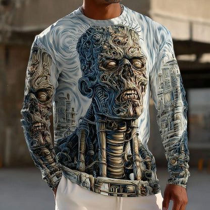 GMABCD Men's Skull Graphic Long-Sleeve T-Shirt – Halloween Print Crewneck