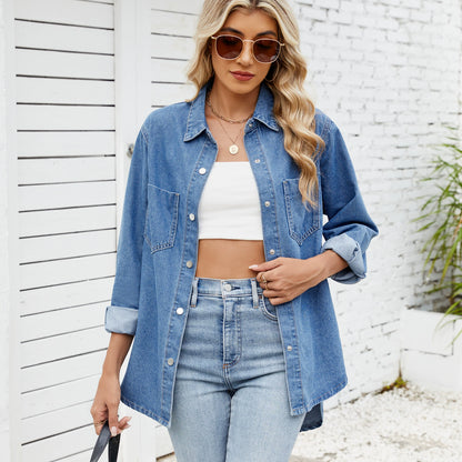 Women's washed denim long-sleeve shirt image 6