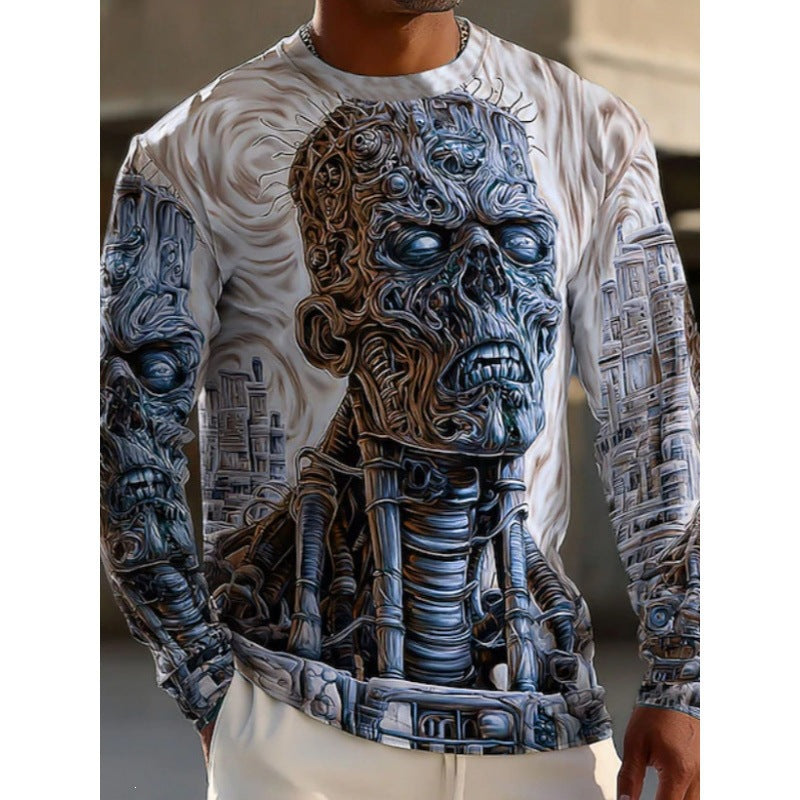 GMABCD Men's Skull Graphic Long-Sleeve T-Shirt – Halloween Print Crewneck