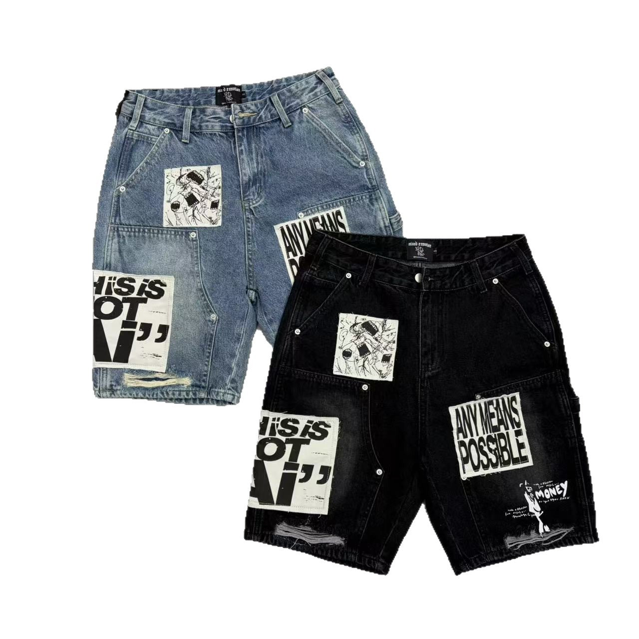 Unisex patchwork distressed denim Bermuda shorts detail 5