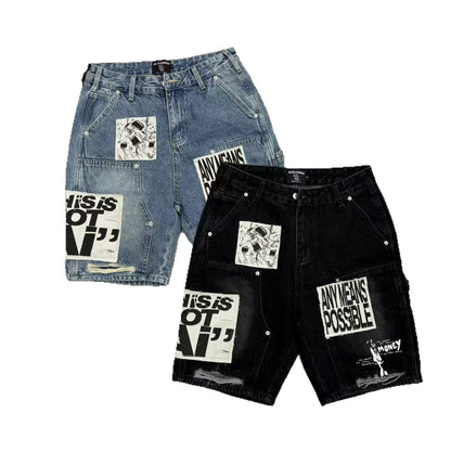 Unisex patchwork distressed denim Bermuda shorts detail 5