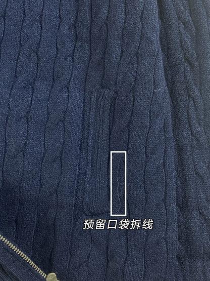 RL Raff Pony Label Autumn Winter Warm Cable Knit Zipper Sweater Cardigan Women Embroidered Cable Cardigan Men