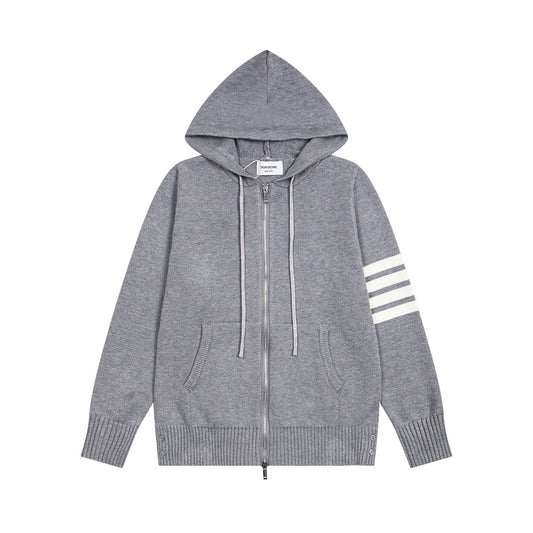 Tom Browne TB Sailboat Hooded Cardigan Color Block Zipper Knitted Sweater Jacket