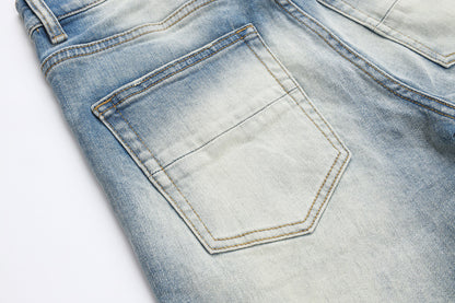 Fashion Street Style Men's Denim Shorts Summer Light Blue Trendy Brand Embroidered Patch Elastic Five-Point Denim Mid-Length Shorts
