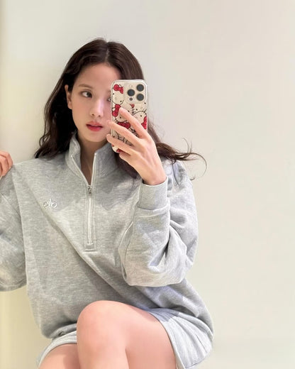 A-L-O Half-Zip Sweatshirt for Women, Autumn and Winter Loose Stand Collar Slimming Jacket, Casual Sports Top