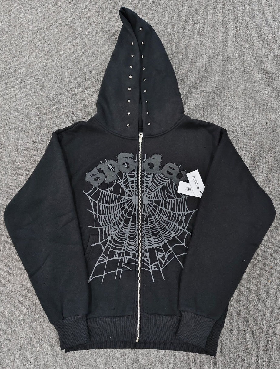 Trendy Brand Hoodie Casual Jacket Letter Black Strap Rhinestone Zipper Sp5-der Sweatshirt Men