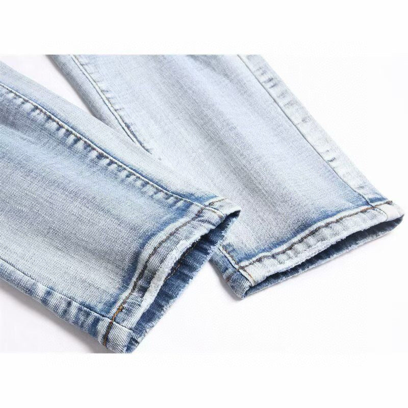 American Style Trendy Brand Jeans for Men with Patch Embroidery High Street Basic Ripped Skinny Fashion Casual Stretch Straight Long Pants
