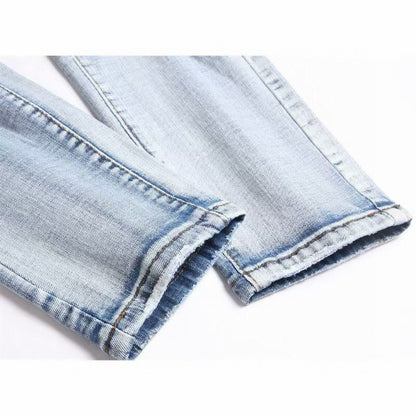 American Style Trendy Brand Jeans for Men with Patch Embroidery High Street Basic Ripped Skinny Fashion Casual Stretch Straight Long Pants