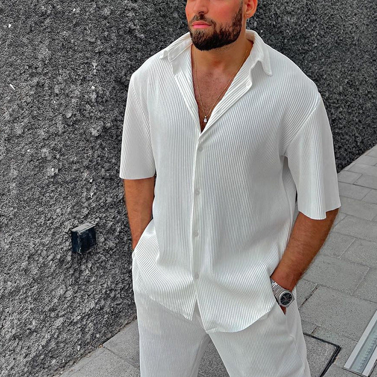 Men's Casual Loose Beachwear Solid Color Striped Short Sleeve Suit Southeast Asian Men's Shirt Two-Piece Set