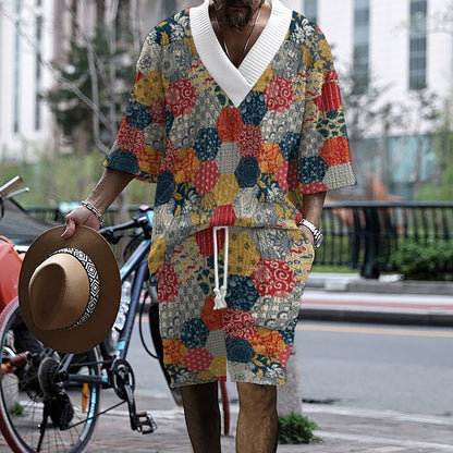 Graffiti Print Men's Three-Quarter Sleeve Short Sleeve Shorts Oversize Drop Shoulder Casual Set