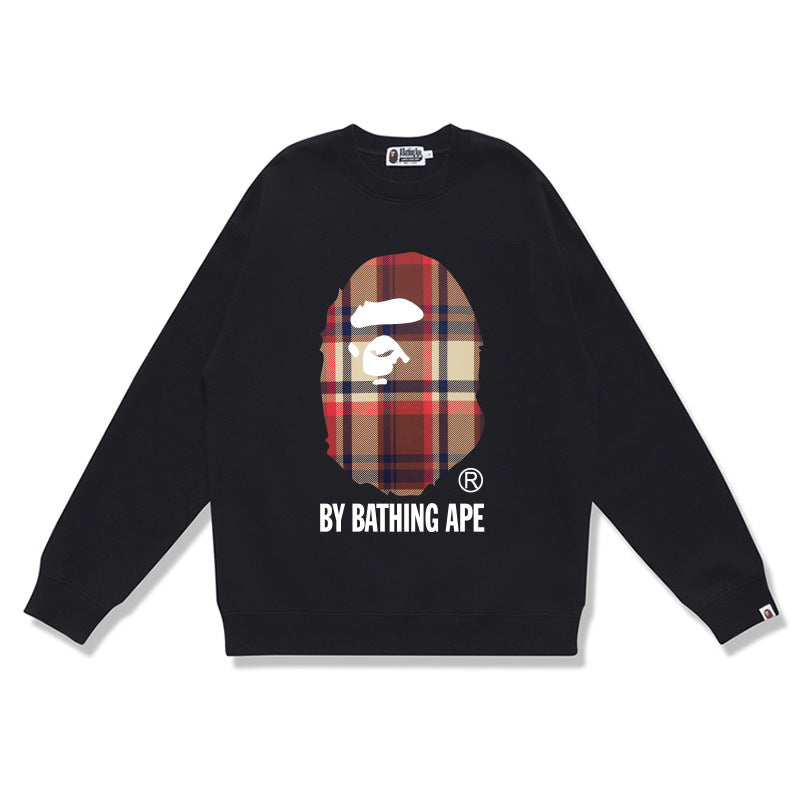 Terry Sweatshirt with Ape Man Letter Print, Unisex, Pure Cotton, Loose Fit, Thin, Crew Neck Pullover Top, Outerwear