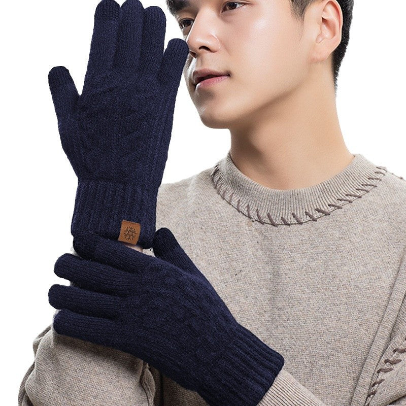 Fleece-lined Thick Twist Knitted Gloves Men's Cold-Proof Touch Screen Warm Gloves Wool Outdoor Windproof Gloves Winter