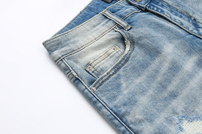 Fashion Street Style Men's Denim Shorts Summer Light Blue Trendy Brand Embroidered Patch Elastic Five-Point Denim Mid-Length Shorts