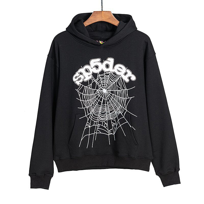 Beautiful Fashion Brand Men's and Women's Same Style 555555 Cobweb Puff Print Hip Hop Loose Heavy Terry Hooded Sweater Set