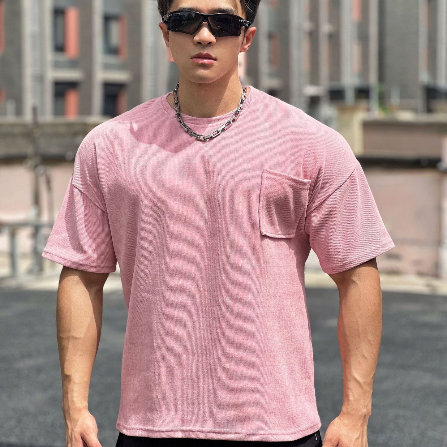 New Muscle Fitness Brothers Sports Men's T-Shirt Spring Summer Round Neck Corduroy Casual Running Men's Pocket T-Shirt