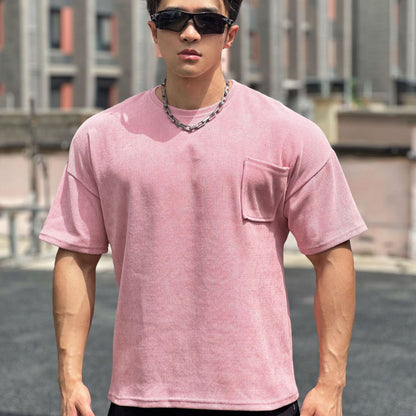 New Muscle Fitness Brothers Sports Men's T-Shirt Spring Summer Round Neck Corduroy Casual Running Men's Pocket T-Shirt