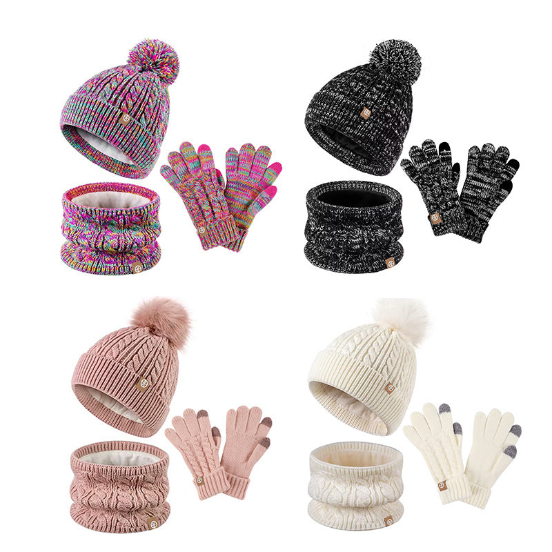 Children's Fur Ball Hat Scarf Gloves Three-Piece Set Winter Children Fleece-lined Thermal Knitting Suit