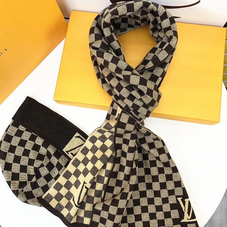 European and American Style Scarf Hat Two-Piece Suit Knitted Men's Wool Leather Tag Scarf Chess Plaid Warm Boys Scarf