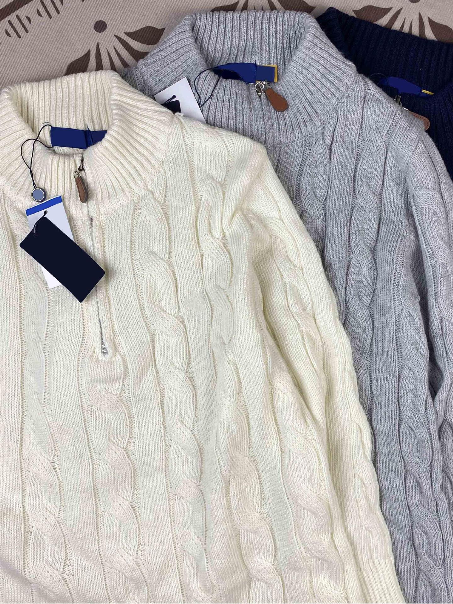 Real Shot RL Raffi Pony Label Embroidered Knit Sweater Men Autumn Winter Stand Collar Cable Couple Half Zip Sweater Women