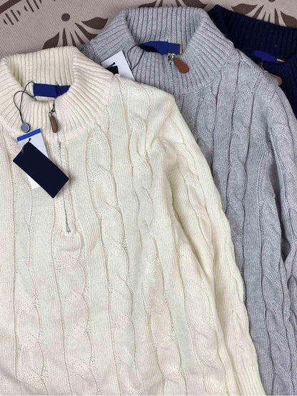 Real Shot RL Raffi Pony Label Embroidered Knit Sweater Men Autumn Winter Stand Collar Cable Couple Half Zip Sweater Women