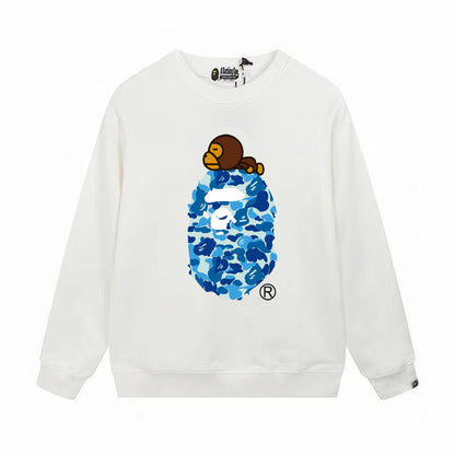 Terry Sweatshirt with Ape Man Letter Print, Unisex, Pure Cotton, Loose Fit, Thin, Crew Neck Pullover Top, Outerwear
