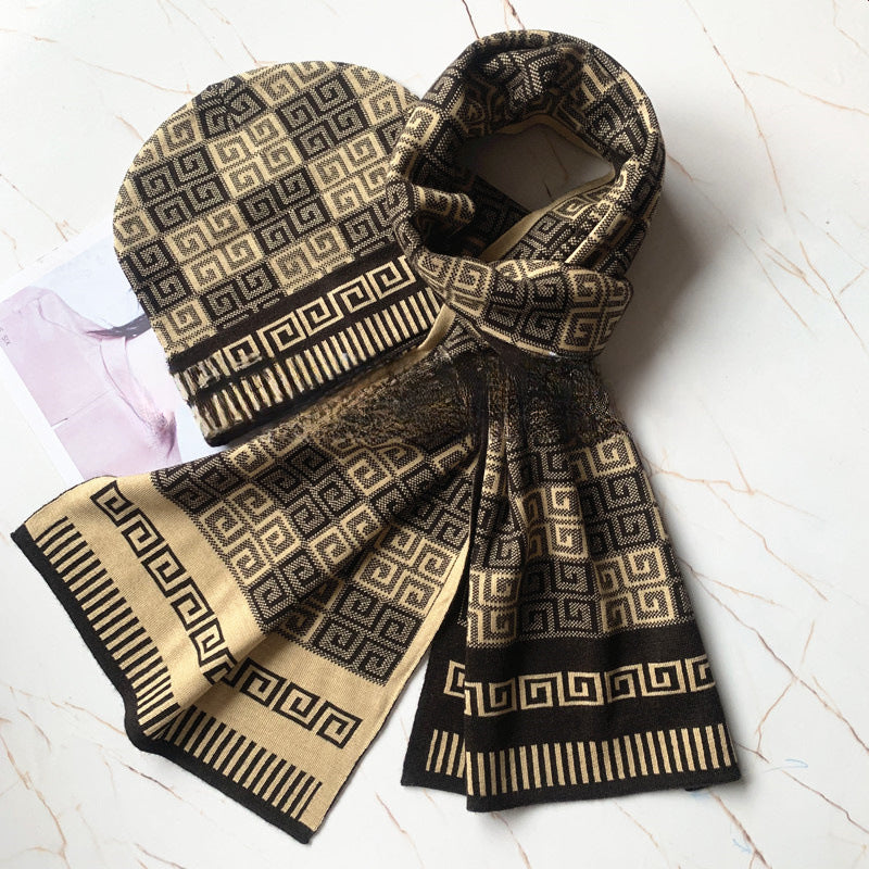 European and American Style Scarf Hat Two-Piece Suit Knitted Men's Wool Leather Tag Scarf Chess Plaid Warm Boys Scarf